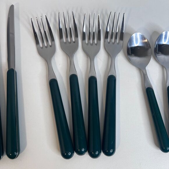 12 PC Stainless Flatware Silverware Dark Green Plastic Handle Place Setting--4 - Picture 4 of 10
